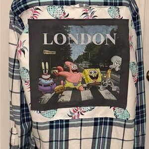 Plaid Button-Down Shirt with SpongeBob Graphic - Blue/White